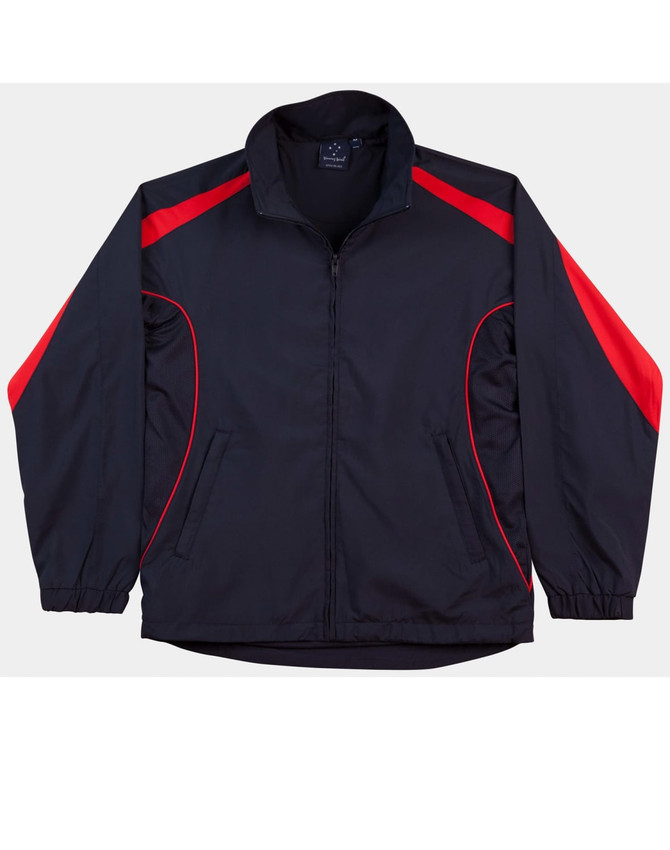 A black and red track jacket with a zip front and elastic cuffs, featuring a logo on the chest.