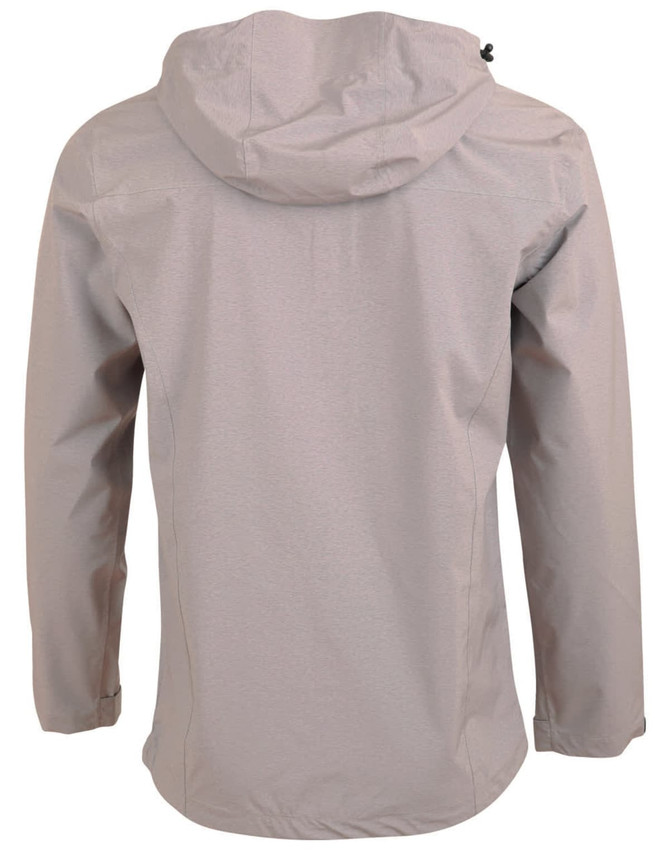 A men's waterproof performance jacket in a light grey colour, featuring a hood and a logo. Back view displayed.