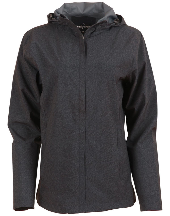 A ladies' waterproof performance jacket in dark grey, featuring a hood and a logo on the front.