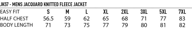 A table displaying size measurements for the Men's Jacquard Fleece Jacket, including easy fit, half chest, and body length.