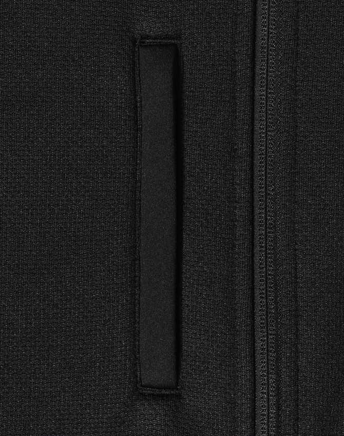 A black fleece jacket featuring a zippered pocket and a smooth texture. It has a simple design with a logo.