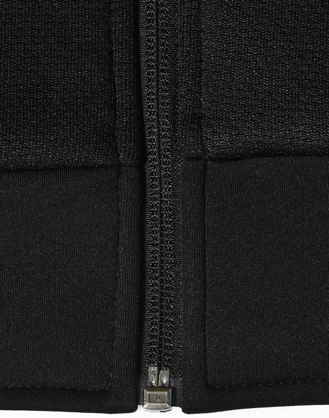 A black men's jacquard fleece jacket featuring a front zipper and ribbed cuffs. It has a logo on it.