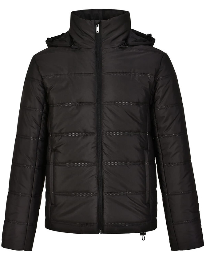 A unisex sustainable seamless parka jacket in black, featuring a zip front and hood, with a textured finish.