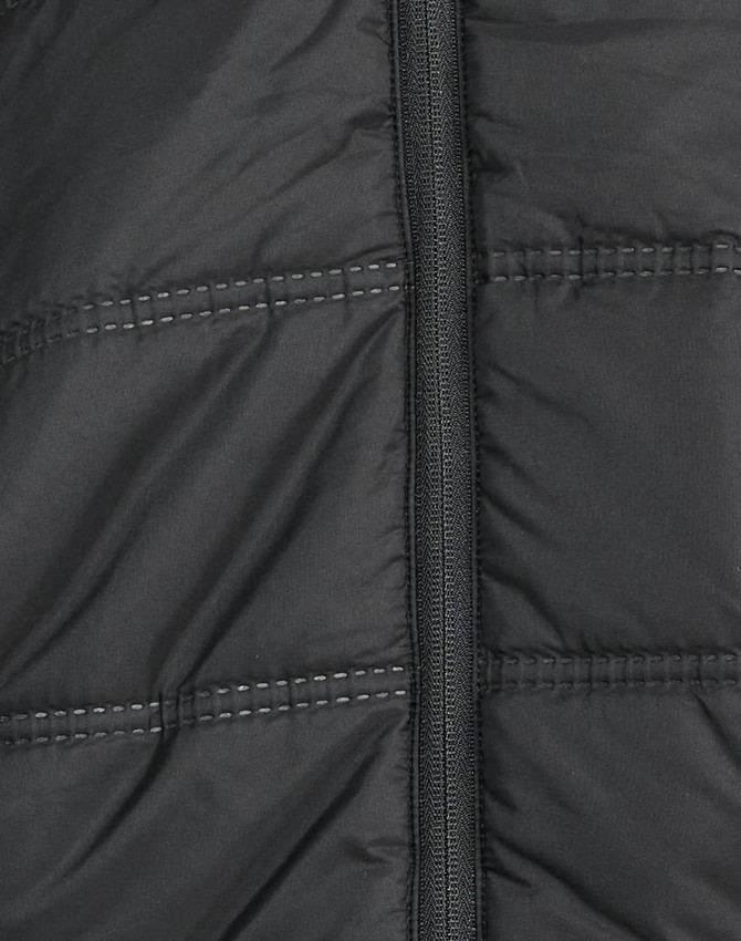 A close-up of a black, unisex sustainable parka jacket featuring a seamless design and zip closure.