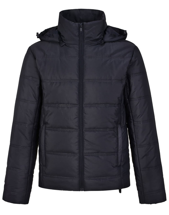 A unisex sustainable seamless parka jacket in black, featuring a zip front and a hood, with a subtle logo.