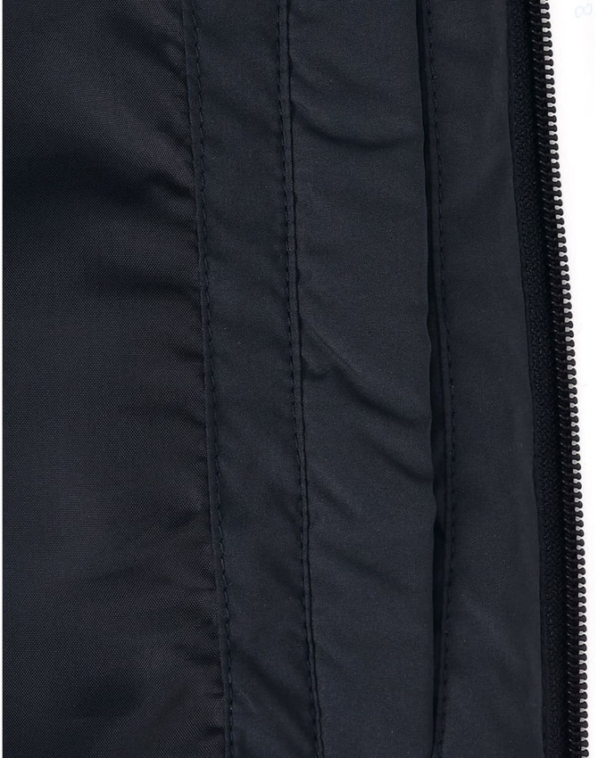A close-up of a black parka jacket featuring a seamless design with a textured fabric pattern.