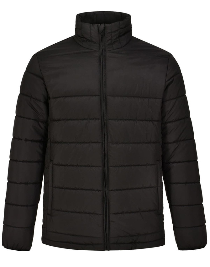 A black men's puffer jacket with a high collar and insulated design, featuring a logo on the front.