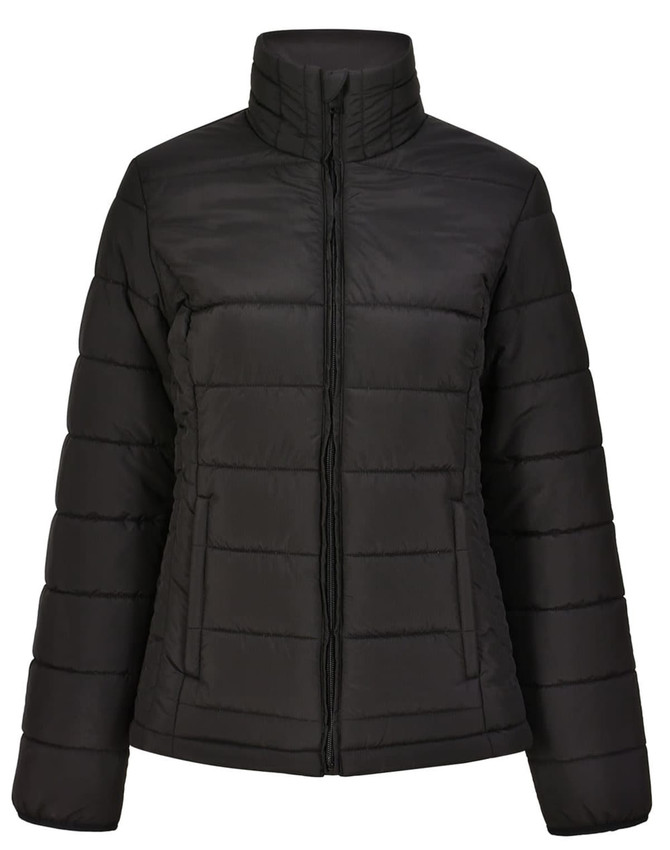 A black insulated puffer jacket with a high collar and a zip front, featuring a logo on the left side.