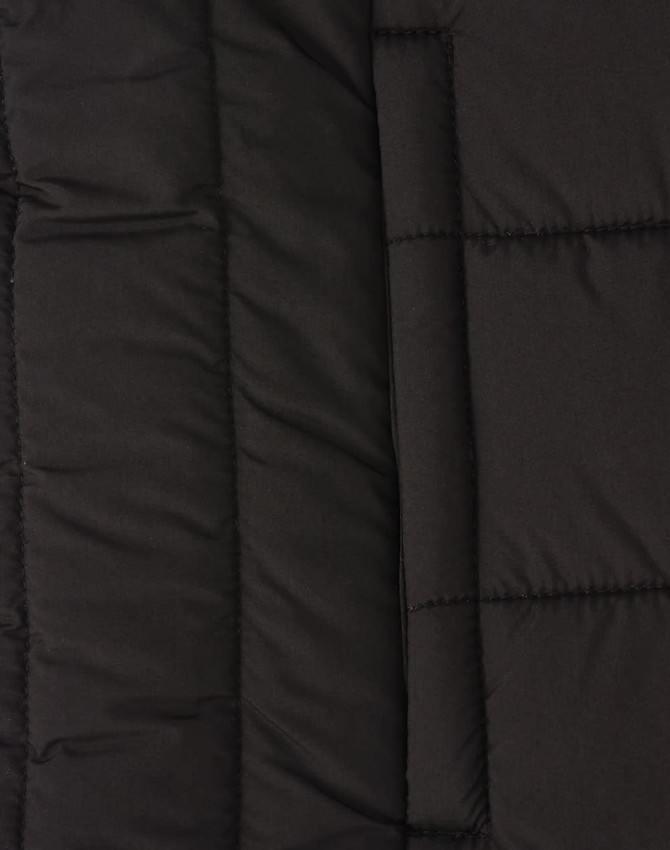 A black insulated puffer jacket featuring a 3D cut design, with a smooth, quilted texture.