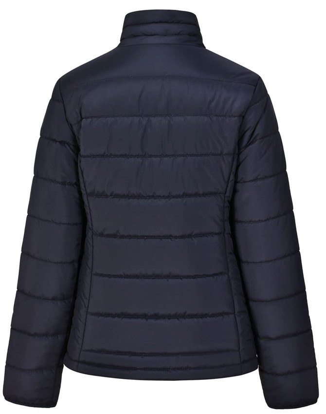 A navy blue ladies' sustainable insulated puffer jacket with a 3D cut and a logo on the back.