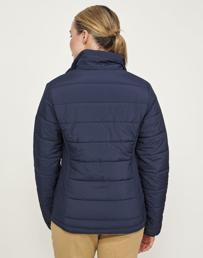 A women's navy blue sustainable insulated puffer jacket with a 3D cut, featuring a standing collar and fitted design.