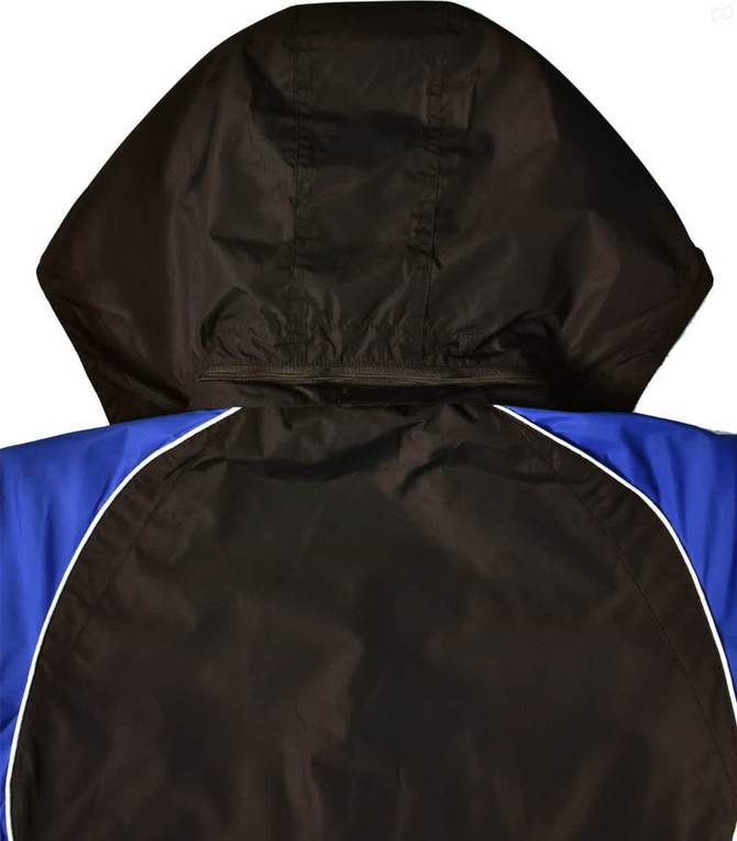 A unisex jacket in black with blue accents and a hood, featuring a logo on the back.