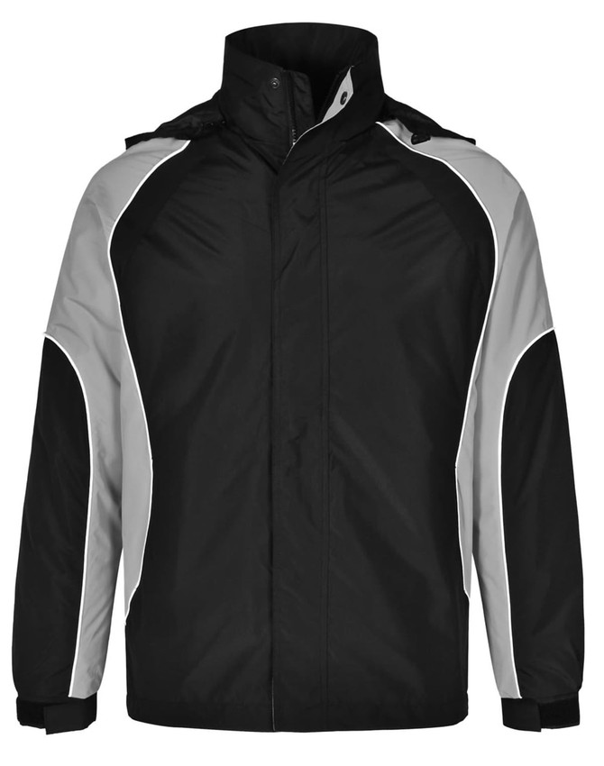 A unisex black jacket with grey detailing and a hood, featuring a logo on the front.