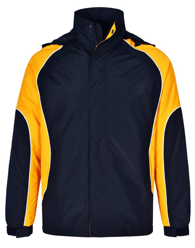 Unisex jacket in navy and yellow with a logo, featuring a zip-up front and high collar.