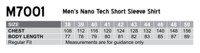 A size chart for the Men's Nano Tech Short Sleeve Shirt, detailing chest and body length measurements in centimetres.