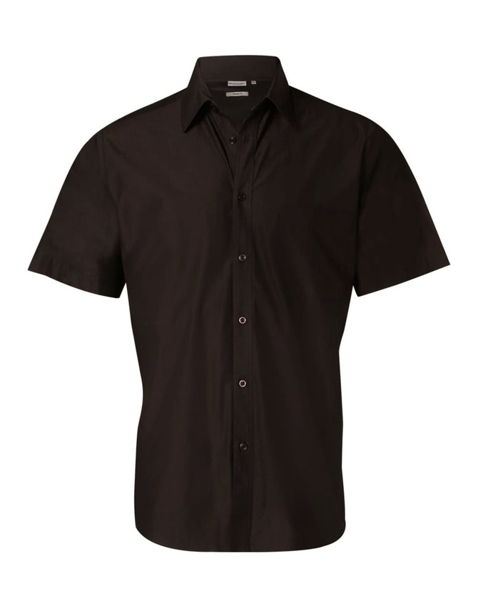 A black short sleeve button-up shirt with a collar and a single chest pocket, featuring a logo.