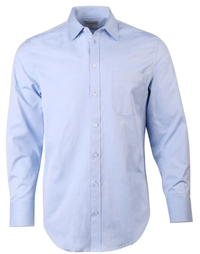 A light blue long-sleeve button-up shirt with a single chest pocket and a logo on the collar.