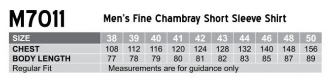 A chart showing size measurements for a Men's Fine Chambray Short Sleeve Shirt in various chest and body lengths.