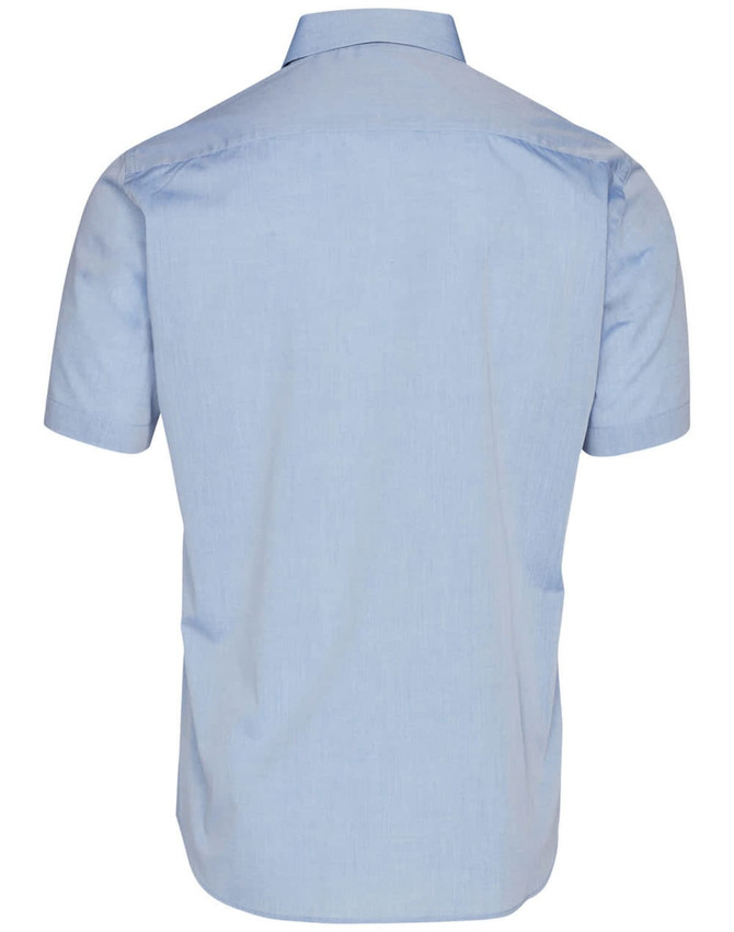 A light blue men's short sleeve chambray shirt with a casual button-up design and a back view. Features a logo.