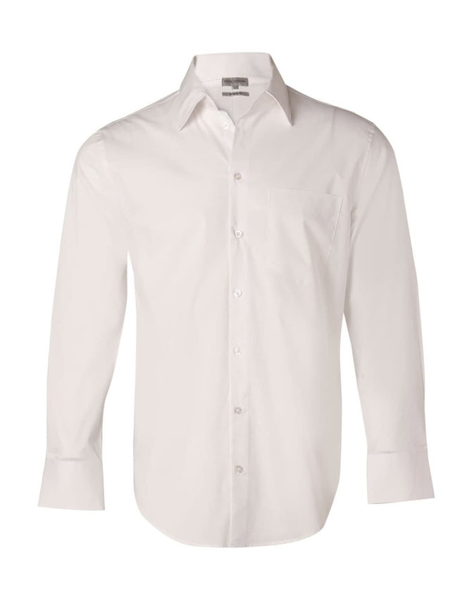A white long-sleeved button-up shirt with a chest pocket and branding. Made from cotton/poly stretch material.
