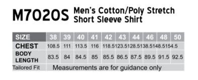A size chart for a men's cotton/poly stretch short sleeve shirt, featuring measurements for chest and body length.
