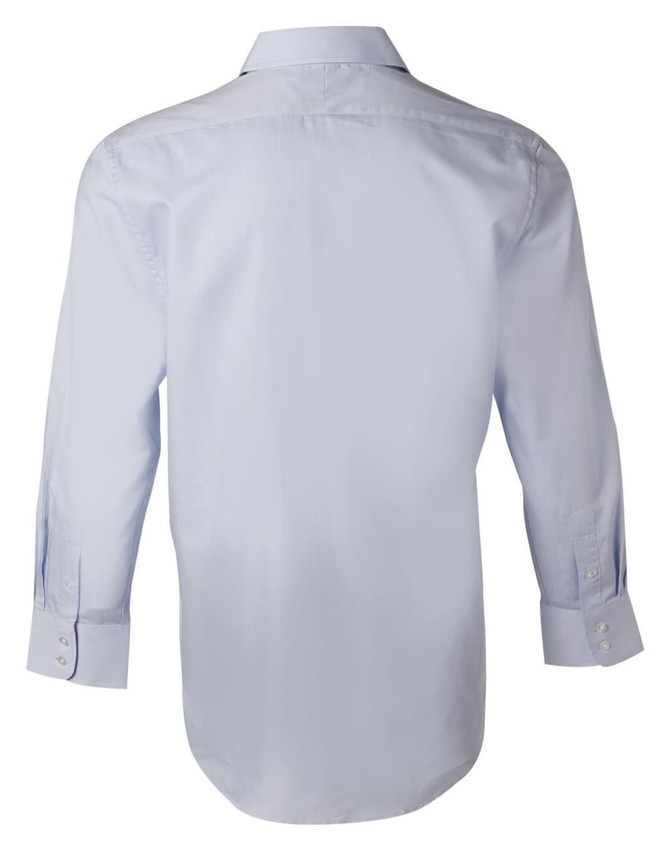 A light blue long-sleeve button-up shirt with a back view and a logo on the collar.