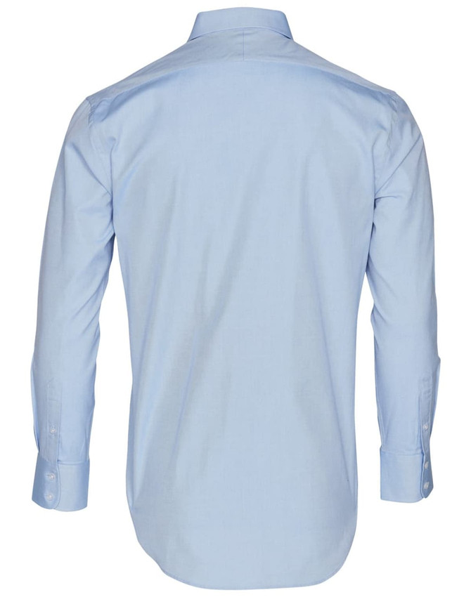 A light blue men's long-sleeve button-up Oxford shirt with a back view, featuring a logo.
