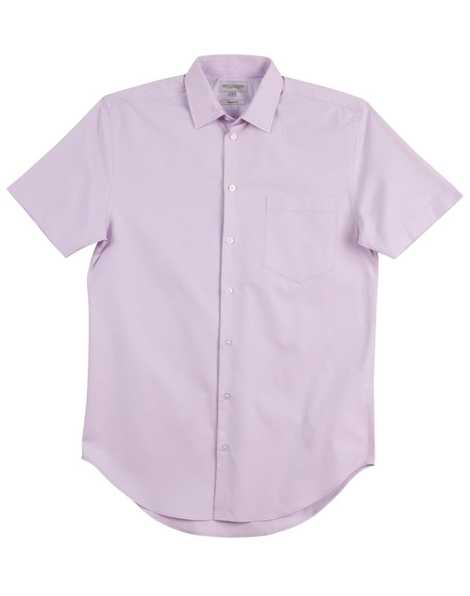 A light purple short sleeve button-up shirt with a single pocket and a logo.