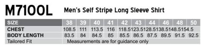 A size chart for the Men's Self Stripe Long Sleeve Shirt, detailing chest measurements and body lengths in centimetres.