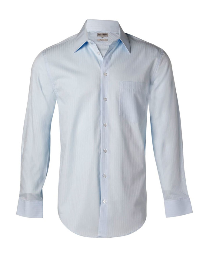 A light blue men's long-sleeve button-up shirt with a self-stripe pattern and a single chest pocket.