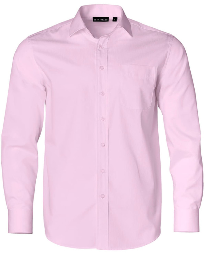 A pink long-sleeve button-up shirt with a pocket and a branding logo. Features a dobby striped pattern.