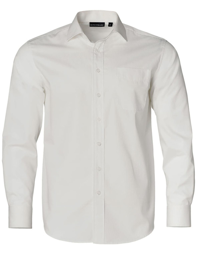 A white long-sleeve button-up shirt featuring a dobby stripe pattern and a chest pocket. The shirt has a logo on the tag.
