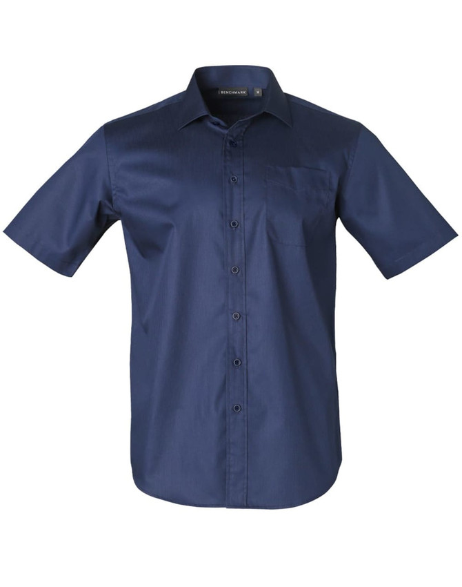 A navy short-sleeve button-up shirt with a pocket and a logo on the collar.