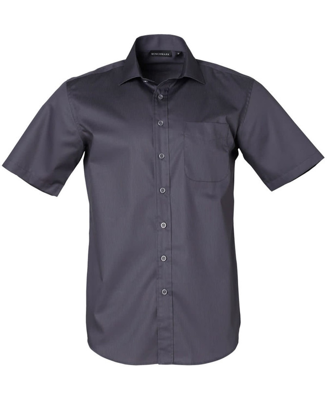 A short-sleeved, button-up men's shirt in dark grey, featuring a striped design and a chest pocket. It has a logo on the collar.