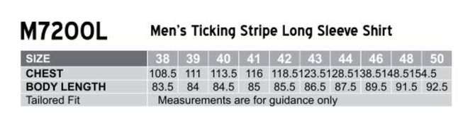 A table displaying size measurements for the Men's Ticking Stripe Long Sleeve Shirt, including chest and body length details.