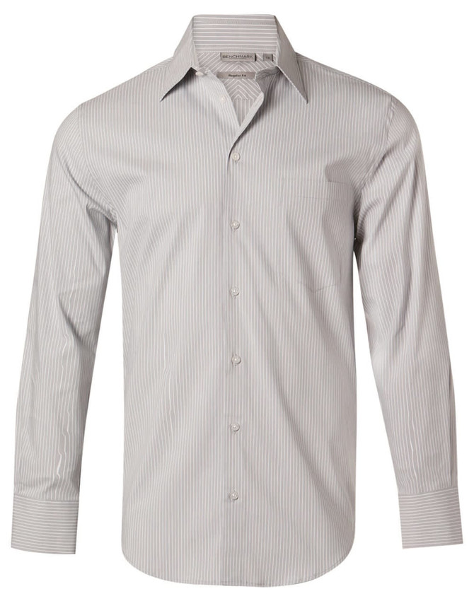 A long-sleeve men's button-up shirt featuring a light grey and white ticking stripe pattern. The shirt has a pocket and a collar.