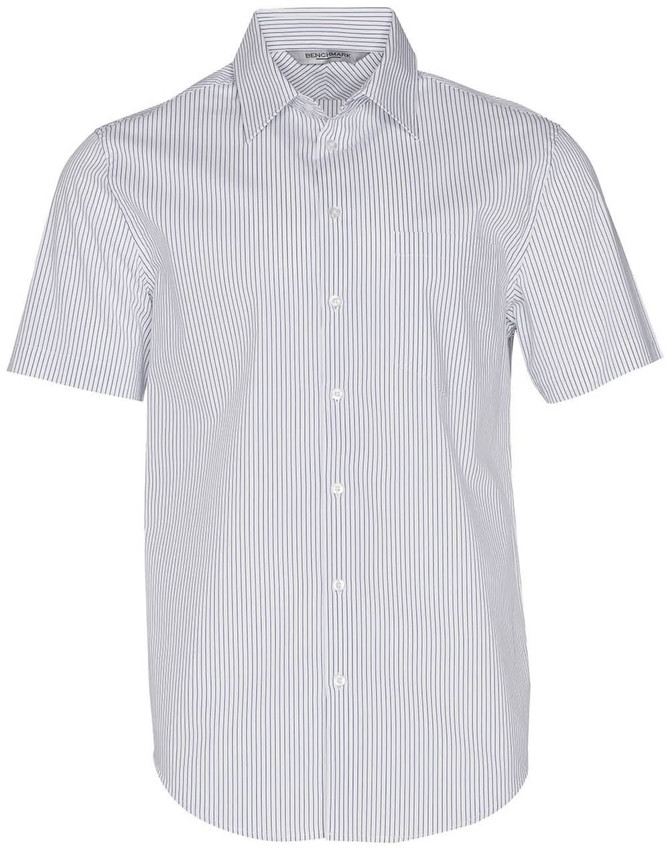 A short-sleeved button-up shirt featuring a blue and white ticking stripe pattern. Includes a small logo on the chest.