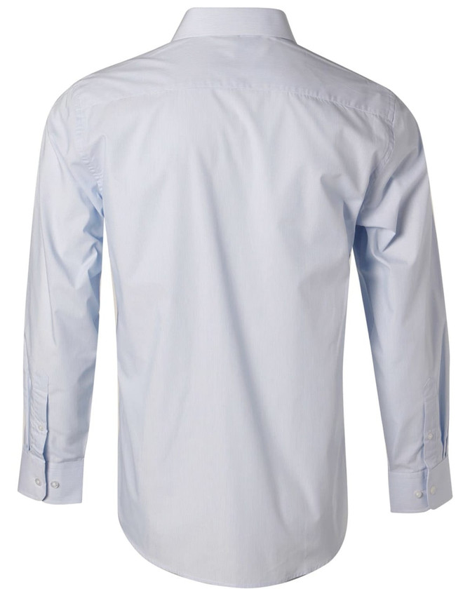 A light blue long sleeve button-up shirt with fine stripes and a back view, featuring a logo on the label.