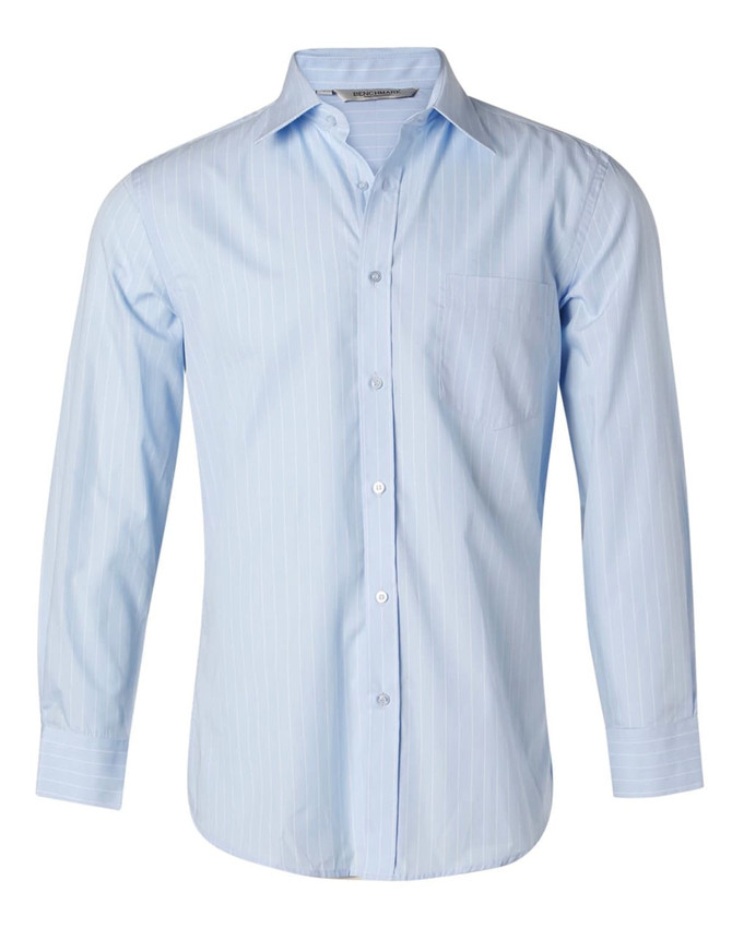 A light blue long sleeve button-up shirt with pin stripes and a chest pocket. It features a logo on the collar.