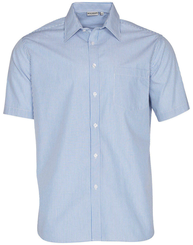 Men's short sleeve button-up shirt in blue and white stripes, featuring a chest pocket and a collar.