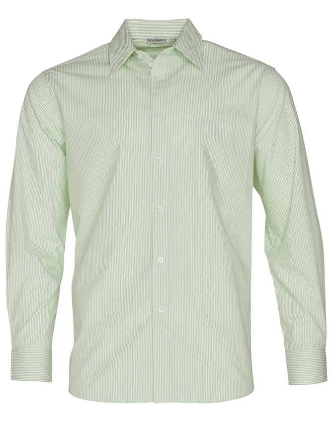 A long sleeve button-up shirt in light green with a subtle stripe pattern and a chest pocket, featuring a logo.