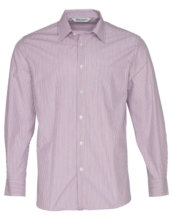 A long sleeve button-up shirt featuring a red and white stripe pattern, with a chest pocket and branding.