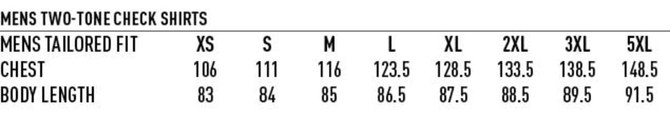 A table displaying size measurements for men's two-tone check shirts, including chest and body length in centimetres.