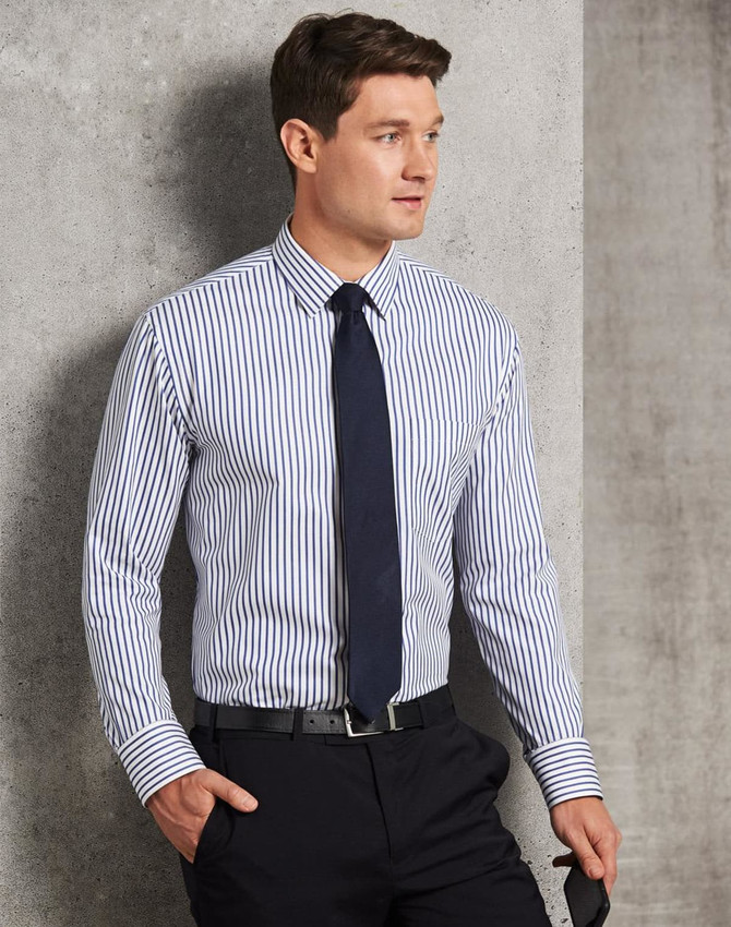 A men's long sleeve button-up shirt featuring navy and white sateen stripes, complemented by a dark tie and belt.