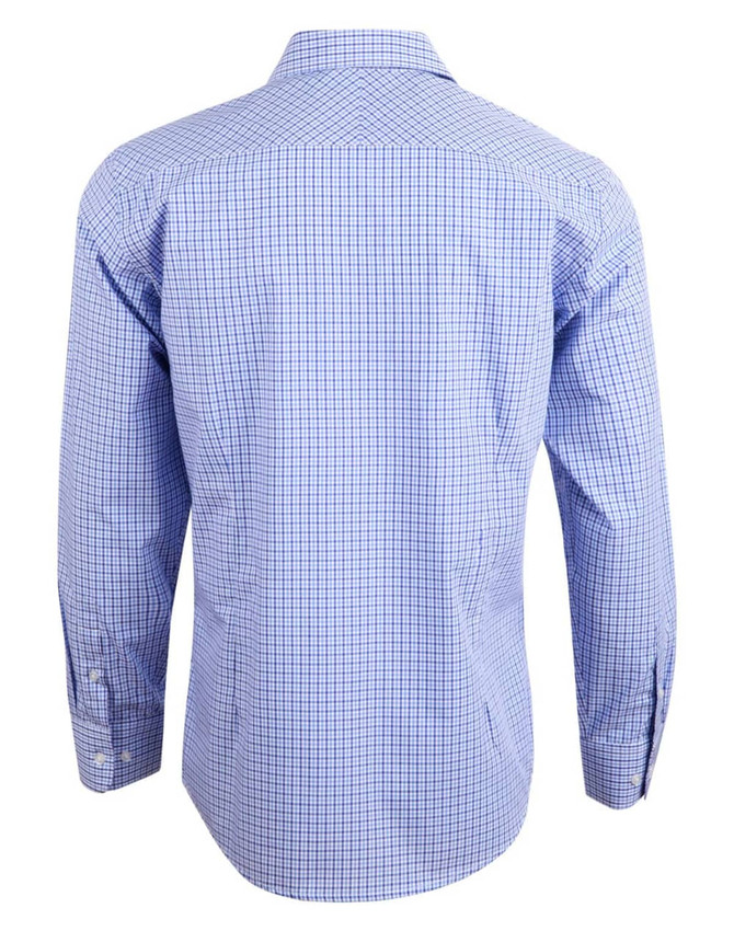A long-sleeve shirt featuring a two-tone blue check pattern, with a classic button-up design and a logo on the back.