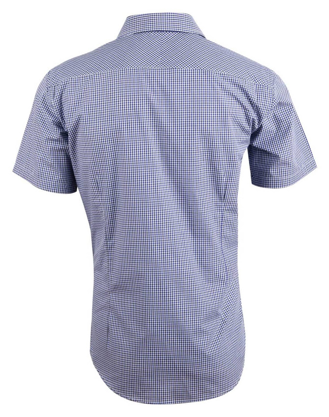 Men's short-sleeve button-up shirt in a blue and white two-tone check pattern, featuring a branded logo.