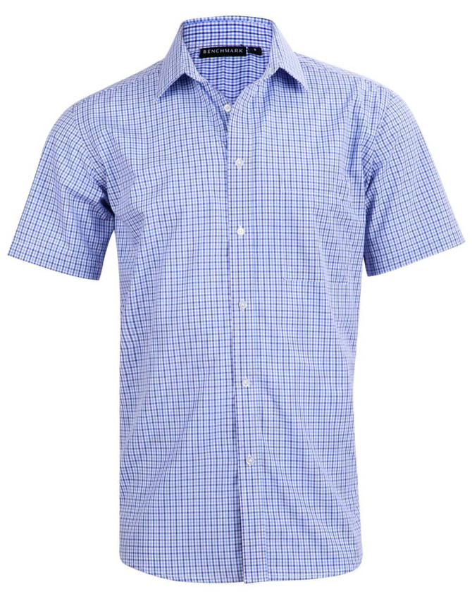 A men's short-sleeve button-up shirt with a two-tone blue check pattern and a logo on the collar.