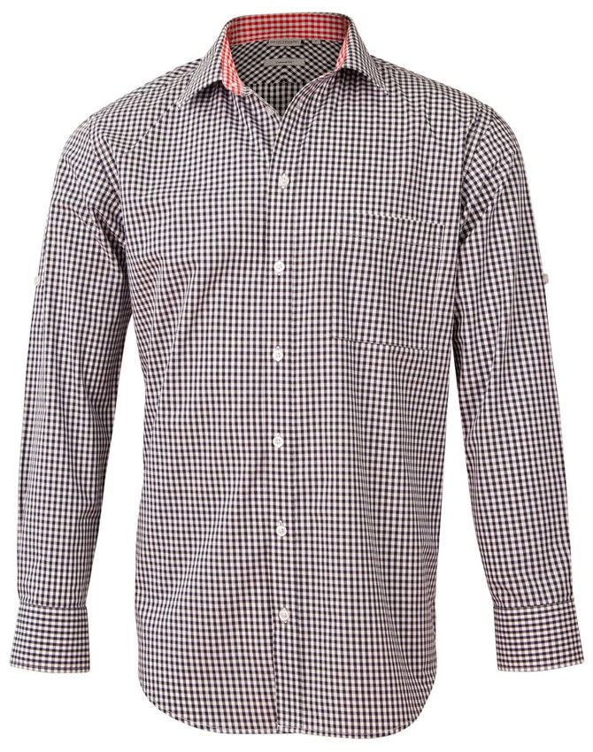 A men's black and white gingham check roll-up long sleeve shirt with a contrasting inner collar. Features a chest pocket and logo.
