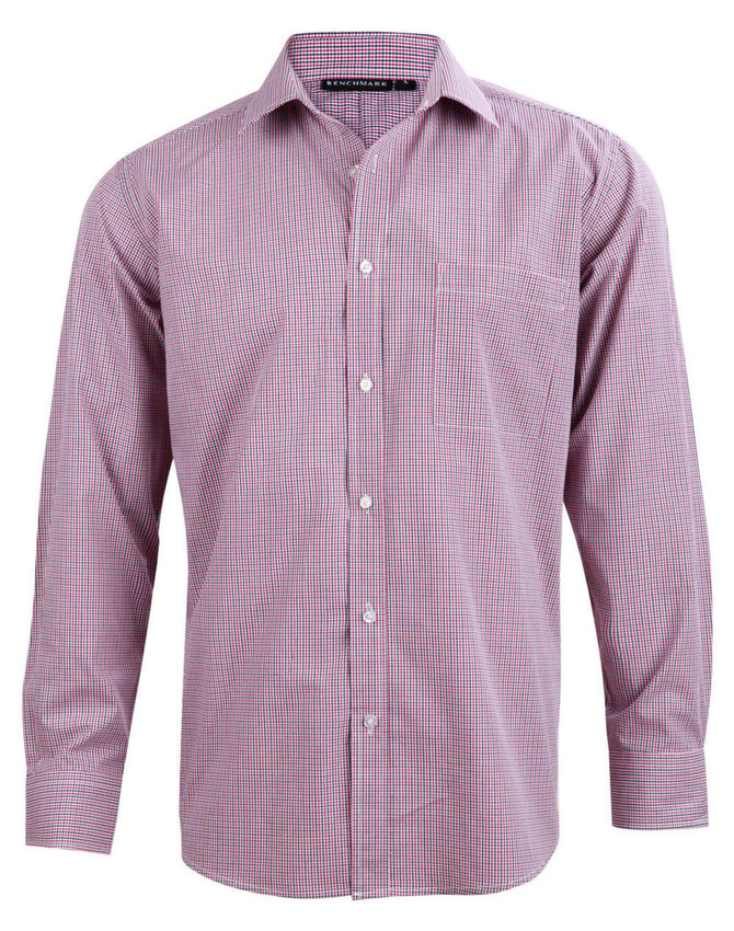 Men's two-tone mini check long-sleeve shirt in red and white with a button-up front and pocket detail.