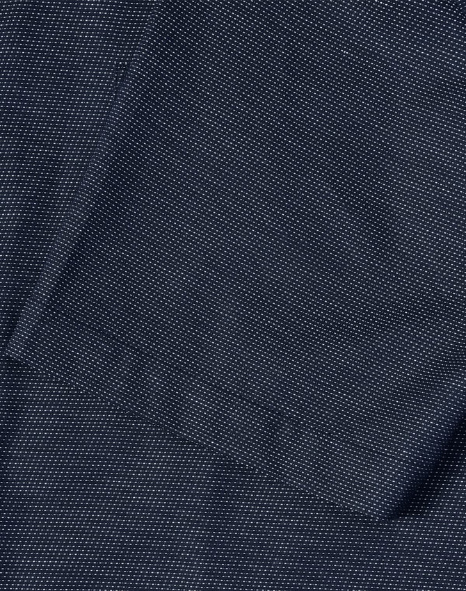 Men's pin dot stretch short-sleeve shirt in navy blue featuring a subtle dotted pattern and a chest pocket.
